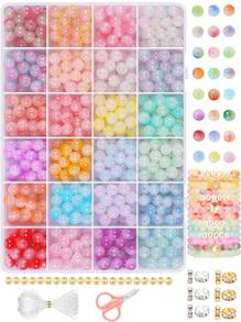 1 Box 8mm Random Color Crackle Crystal Glass Beads For Jewelry Making - Includes Glass Beads, Crystal Cord, Scissors, Spacers