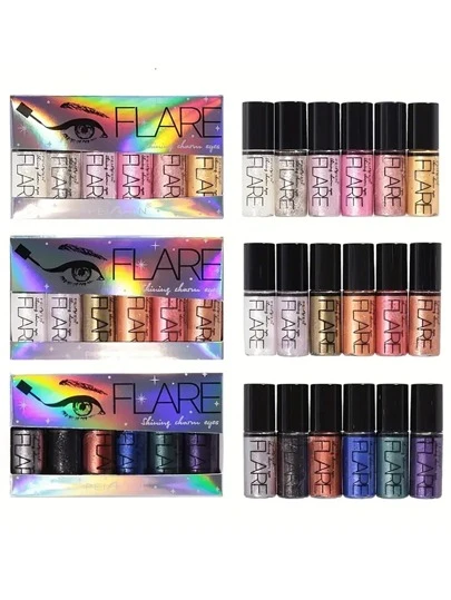 Set de 6 piezas de sombra de ojos líquida con glitter y delineador, colorido brillo de diamante en rosa dorado y plateado, a prueba de manchas, iluminador, portátil, profesional para fiesta, exterior, maquillaje a la luz del sol