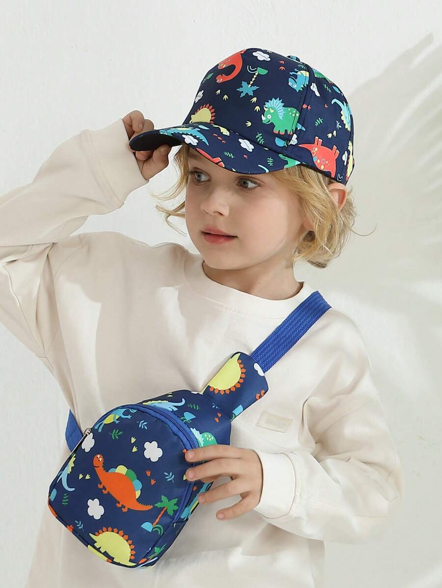 2pcs/Set Unisex Kids Dinosaur Printed Baseball Cap And Crossbody Bag, Suitable For Outdoor, Casual, Travel In Spring, Summer And Autumn, Sun Visor & UV Ion - 2PC - View 1