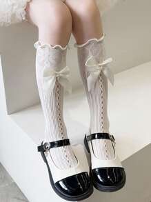 3 Pairs Girls Princess Lace Ruffle Knee High Socks With Bow, Children Mid-Calf Socks, Size 3-12Y