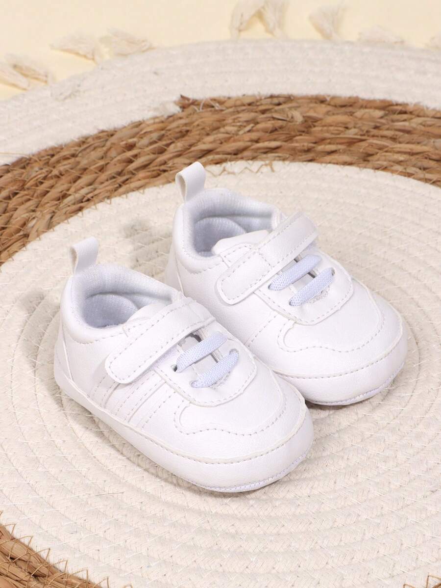 1 双男童纯色 PU 钩环设计平底休闲婴幼儿运动鞋 0-1 岁，适合春秋季节 - 白色 - 查看 1