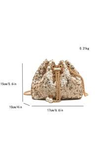 1 件链条抽绳封口 PVC 亮片闪亮水桶包，金属仿珍珠装饰彩色闪光女士派对手拿包，单肩/斜挎口红包，女士派对/晚装时尚礼物，完美搭配新娘派对 - 金色 - 查看 11