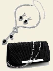 优雅水钻项链耳环手链首饰套装适用于婚礼新娘女士水钻晚宴手拿包新娘婚礼闪光闪亮完美舞会晚宴配套礼服礼服 - 黑色 - 查看 1