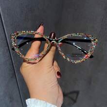 1 Pair Of Women's Cat Eye Rhinestone Clear Glasses Clear Glasses Accessories Glasses Accessories For Women Valentine's Day - Grey - View 5
