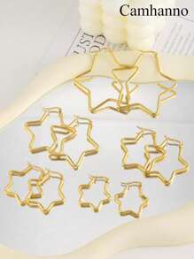 5 Pairs Minimalist Stainless Steel Pentagon Star Hoop Earrings, Suitable For Men And Women - Gold - View 2