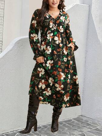 Plus Size Women's Vintage French Style Floral Print V-Neck Long Sleeve Ruffle Hem Dress, Spring/Summer