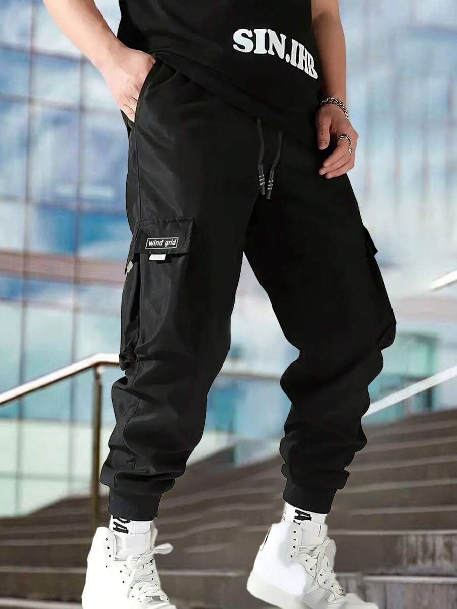 Men's Casual Multi-Pocket Drawstring Cargo Pants - Black - View 1