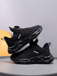 Casual Warm Velvet Inner Running Shoes With Rotary Button For Boys, Lightweight Non-Slip Sneakers Black Shoes To School - Black - View 5