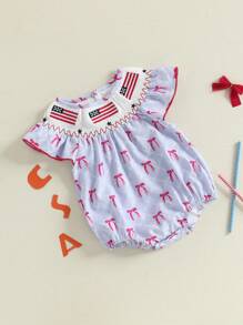 Baby Girl Patriotic Romper Casual Plaid Print Flag Embroidery Summer Fly Sleeves Jumpsuit For Newborn Cute Clothes