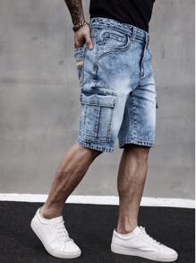 ESDVQ Men's Multi-Pocket Denim Shorts, Elastic Embroidered Cargo Bermuda Shorts Jorts