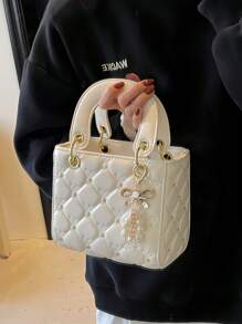 Fashionable New Women's Handbag, Solid Color Minimalist PU Leather Small Square Bag, Elegant Chic Suitable For Dating, Shopping, Versatile, Comes With Scarf, Bow, Pearl Accessories, Great Gift For Valentine's Day, Elegant Pearl Bag, Best Mother's Day Gifts Women