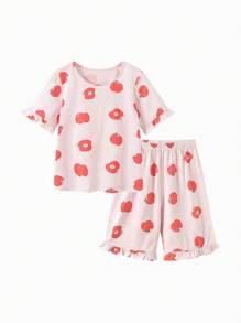 mini bala 年輕女孩睡衣套裝，柔軟透氣嬰兒睡衣 - 紅色調 - 查看 4