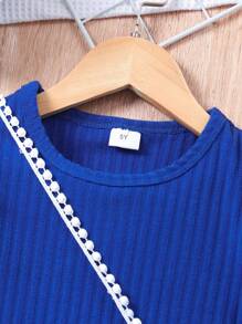 Young Girl Short Sleeve Solid Color Bubble Textured Rib Knit Casual Dress With Bag - Blue - View 3