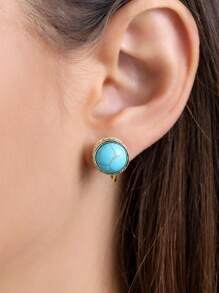 1 Pair Fashionable Crystal & Turquoise Round Clip On Earrings, Elegant Gift For Women, Suitable For Daily Wear
