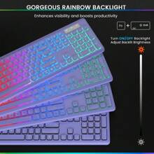 Combo de teclado y mouse inalámbrico - Retroiluminación RGB, recargable y letras iluminadas, de tamaño completo, ángulo de inclinación ergonómico, modo de suspensión, teclado y mouse morados silenciosos de 2.4GHz para , Windows, portátil y PC - Muñeca negra - Ver 3