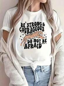 Cotton T-Shirt Be Strong Courageous Tiger Do Not Be Afraid T-Shirt Fun Printed Pure Cotton Round Neck Women's Top - trắng - Xem 1