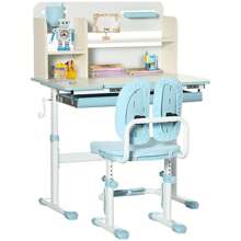 HOMCOM Kids Desk And Chair Set, Height Adjustable Kids Study Table And Chair Set With Storage Shelves, Washable Cover, Anti-Slip Mat, For Ages 3-12 Years - Blue - View 2