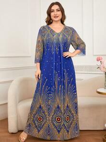 DEARCASE Plus Size Hot Stamping Print Long Sleeve Arabic Style Dress - Multicolor - View 1