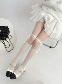 1pc Adorable Bowknot Detail Color Splicing Pantyhose - Multicolor - View 4