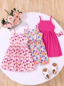 3 件套年轻女孩休闲罗纹露肩连衣裙，粉色、紫红色、花朵印花，适合派对、休闲、旅行、家居服、夏季 - 彩色 - 查看 1