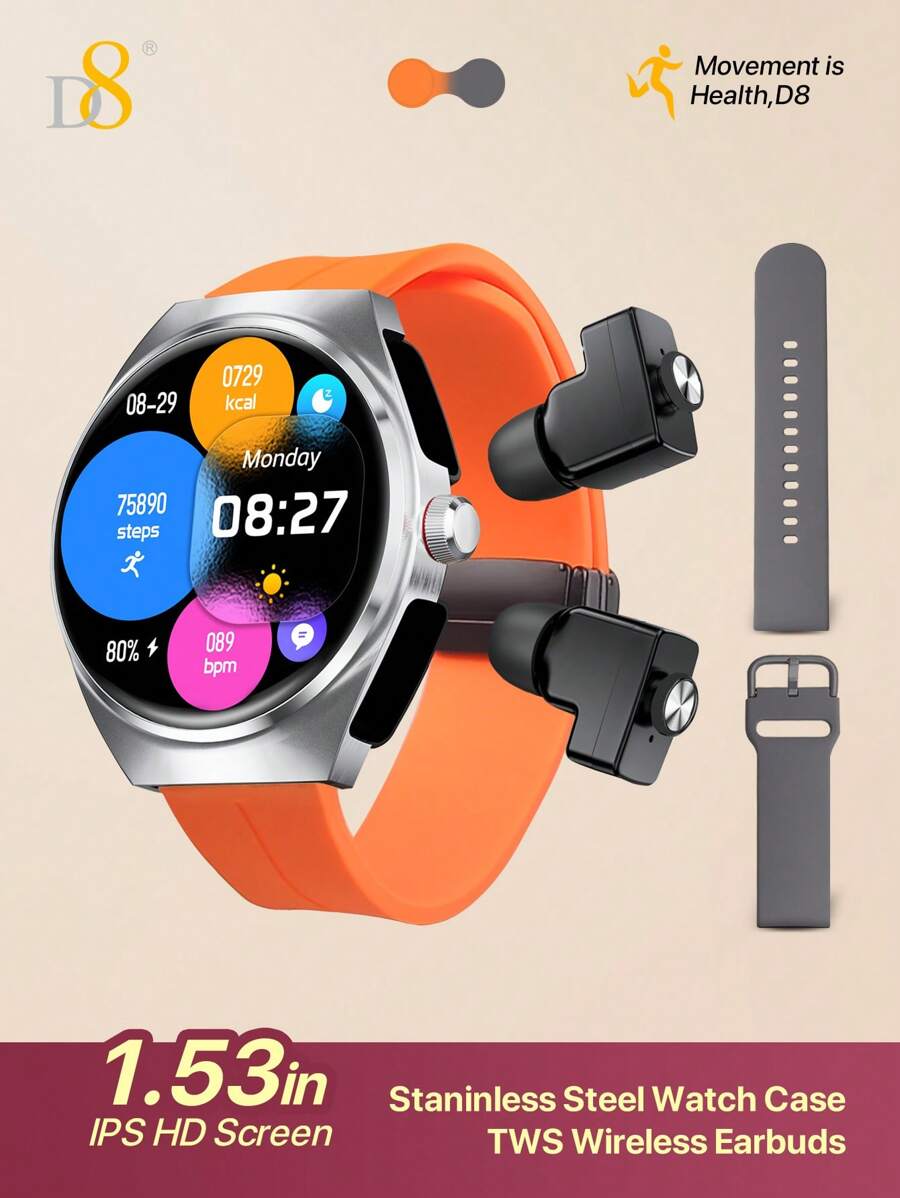 D8 Smart Watch With Earbuds For Men Women, 1.53" HD Touch Screen, 9D Sound Effects, 100+ Fitness & Sleep Monitor, Recording Microphone, New Design Style(Call Receive/Dial), Message Notifcation, Android Phones And IOS Compatible, Outdoor Activities And Fitness Enthusiasts D8 Smartwatch (Answer/Make Call), 1.32" Smartwatch For Women Women IP68 Waterproof