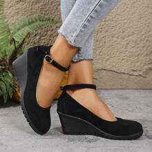 春夏休闲坡跟时尚女鞋，舒适百搭系带扣高跟鞋 - 黑色 - 查看 3