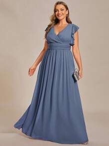 Plus V Neck Plain Backless High Waist Pleated Blue Formal Dresses For Bridesmaid - Dusty Blue - View 4