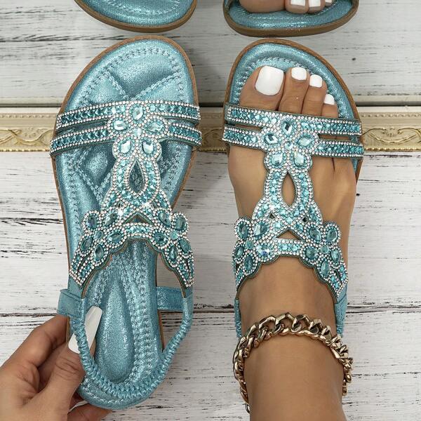 Women's Floral Rhinestone Flat Sandals, Bohemian Style, Elastic Strap Peep Toe, Casual Summer Beach Shoes, Suitable For Beach Music Festival
