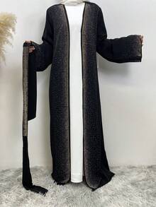 Luxury Diamond Abaya With Belt Dubai Kaftan Robe For Women,Modest - Black - View 2
