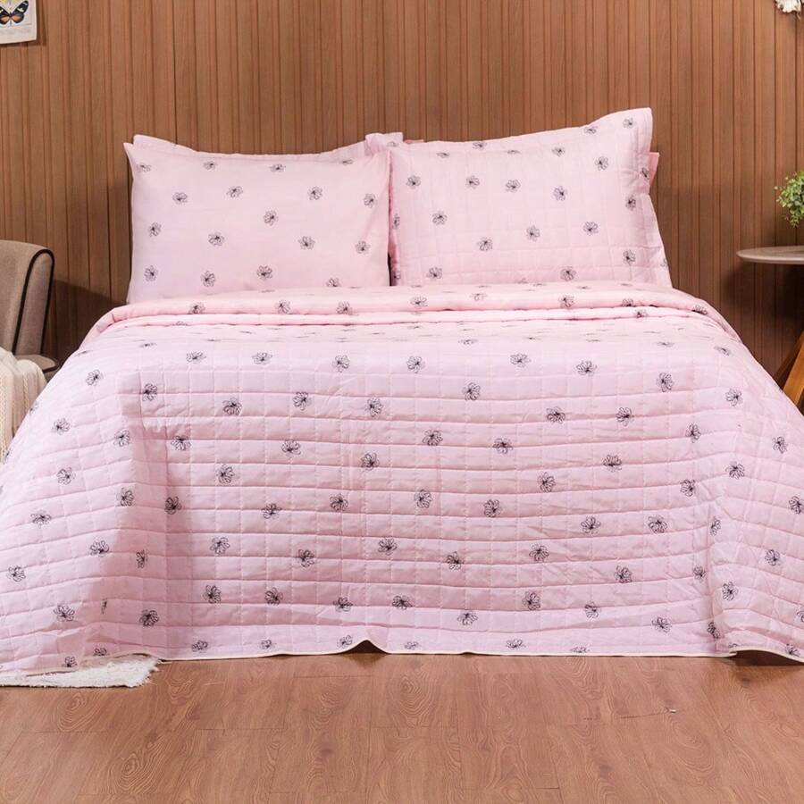 3-Piece Percale 150 Thread Count Cotton Bedspread Kit With Pillowcases - Marina Enxovais - Hibiscus Flower - View 1