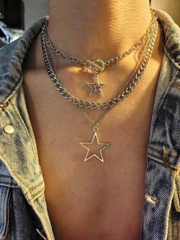 Set de 3 cadenas de acero inoxidable con colgante de estrella para hombres