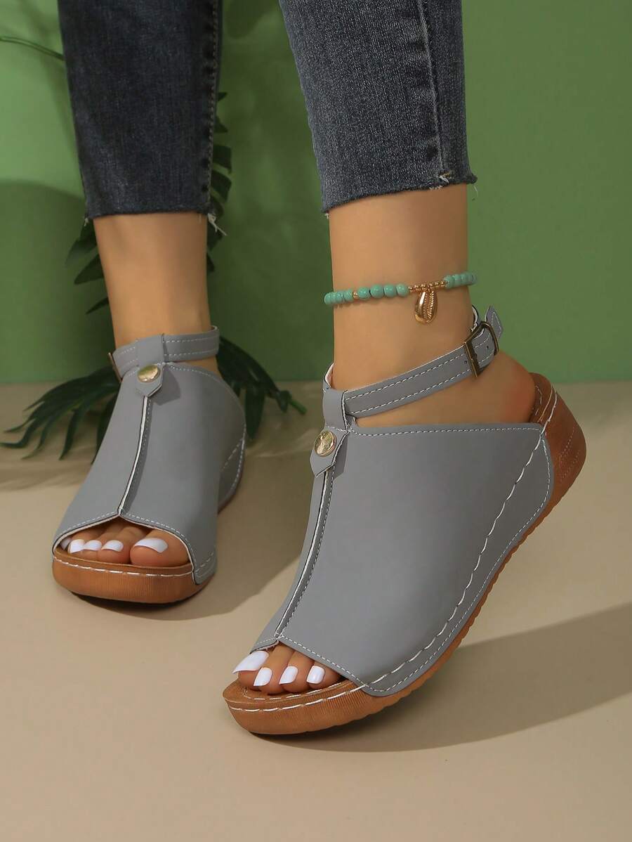 New Spring/Summer Fashion Women Platform Wedge Beach Sandals, Thick Sole With Stitching (Shoelaces Can Be Removed And Adjusted) - Grey - View 1
