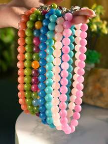 12mm Natural Stone Bead Necklace, Fashionable Dopamine Inspired Colorful Vintage Exaggerated Choker Necklace With Natural Crystal, Aquamarine, Peridot - Multicolor - View 5