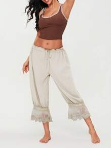 Women Lace Trim Long Bloomers Elastic Mid Rise Ruffle Pantaloons Cropped Flared Slips Pants Bottoms - White - View 6