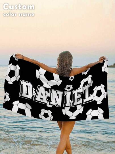 1PC Customized Ocean Beach Towels, Custom Name Beach Towel, Football Pattern, Personalized Boys/Girls Beach Towel, Custom Beach Towel For Boys/Girls, Perfect For Outdoor Beach Travel Swimming Gym Yoga Summer Holiday Bathroom Decor, Slow Summer Living Beach Essentials,Dorm Essentials,Customized Beach Towels,Halloween Edit