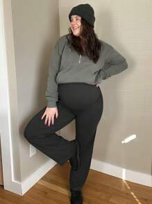 1 件孕妇弹力腰带运动裤，宽松高腰可调节腹部瑜伽裤，带口袋，孕妇休闲阔腿裤