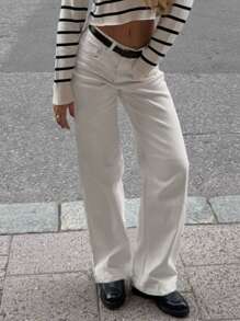 MYOURSA Low Rise Washed Straight Leg Jeans Loose Fit Casual Work Commuter Daily Outfits For Women White - 白色 - 查看 4