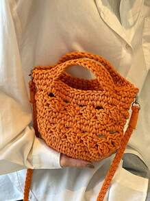 Bolsa de Ombro Fashion Trançada com Corda, 1 Bolsa Oca Laranja, Bolsa de Praia para Férias de Verão, Pode ser Usada a Tiracolo ou na Mão, Adequada para Praias e Viagens de Férias