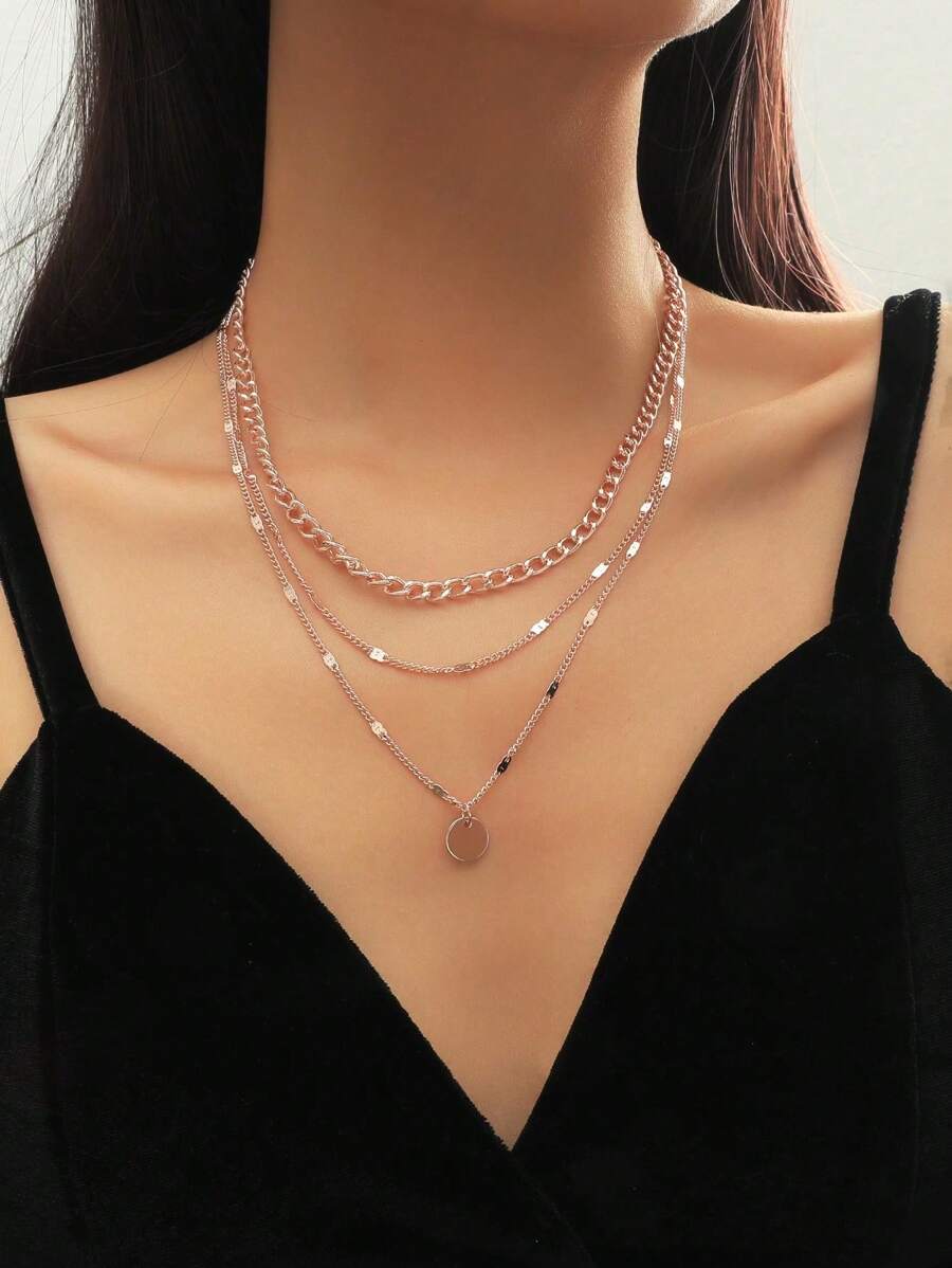 1pc Chic Accessory New Design Elegant Round Pendant Multilayer Necklace - Rose Gold - View 1