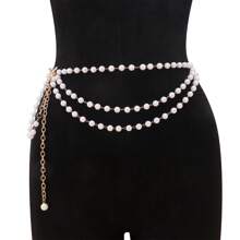 Chaîne de perles rétro élégante avec pendentif circulaire petit. Chaîne de perles superposée en trois couches avec volant latéral. Chaîne de taille/chaîne de corps pour femmes