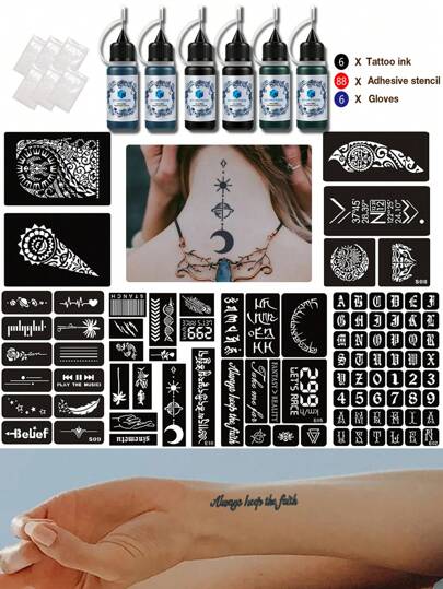 12件套海娜纹身模板及颜料膏套装（6张A4纹身模板+6支纹身颜料膏），男女通用多图案临时纹身，适用于手指、手腕、肩膀、颈部、锁骨等部位，防水假纹身模板套装