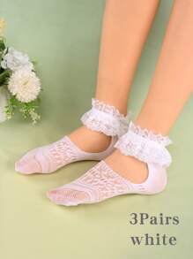 3 Pairs Women's Thin Lace Trim Breathable Elastic Ankle Leg Warmers, Low Vamp Boat Leg Warmers, Kawaii Cute