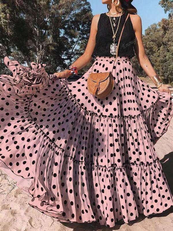 Vacation Outfits Woman Fashionable Elegant Vacation Romantic Layered Clashing Polka Dot Wooden Ear Trim Women's Halter Skirt