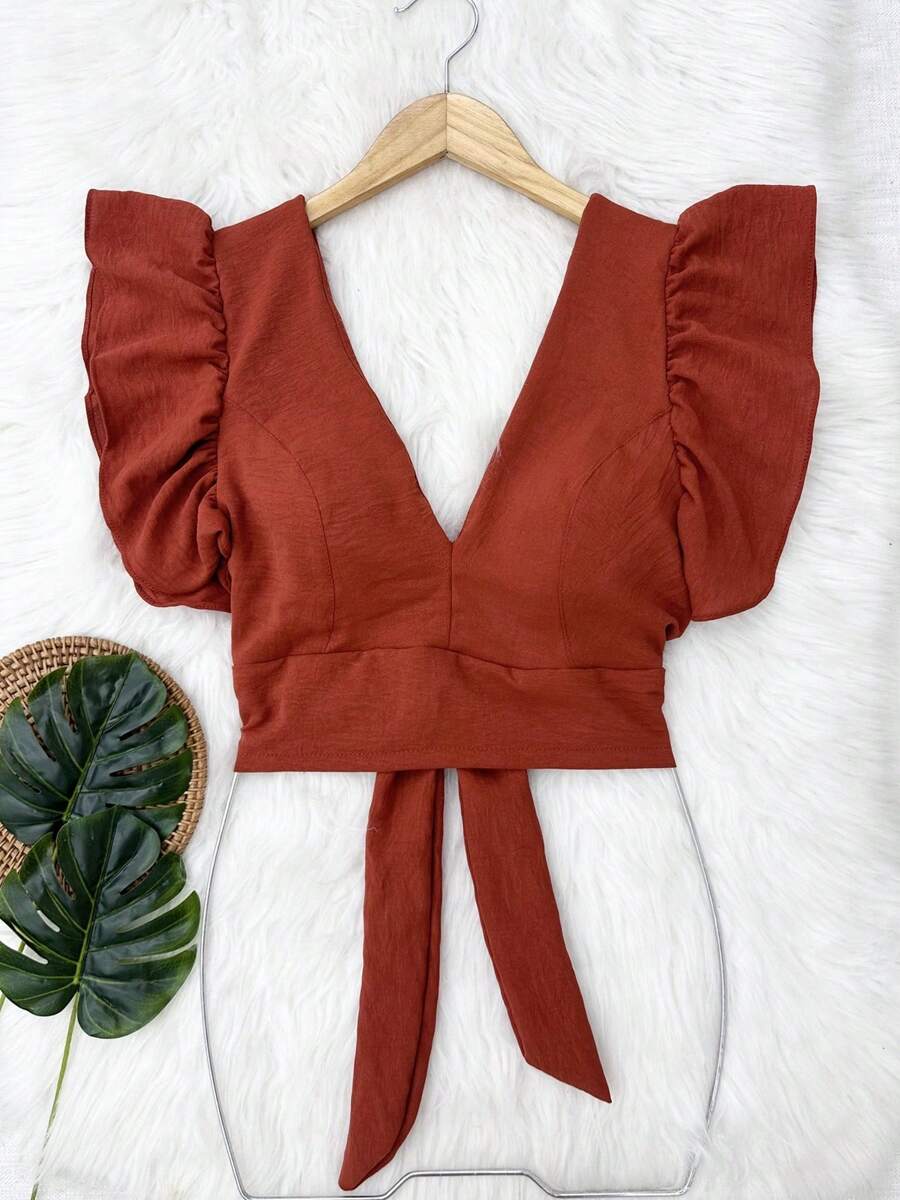 Cropped Blouse With Padding And Tied At The Back, Women's Fashion - Naranja Quemada - Ver 1