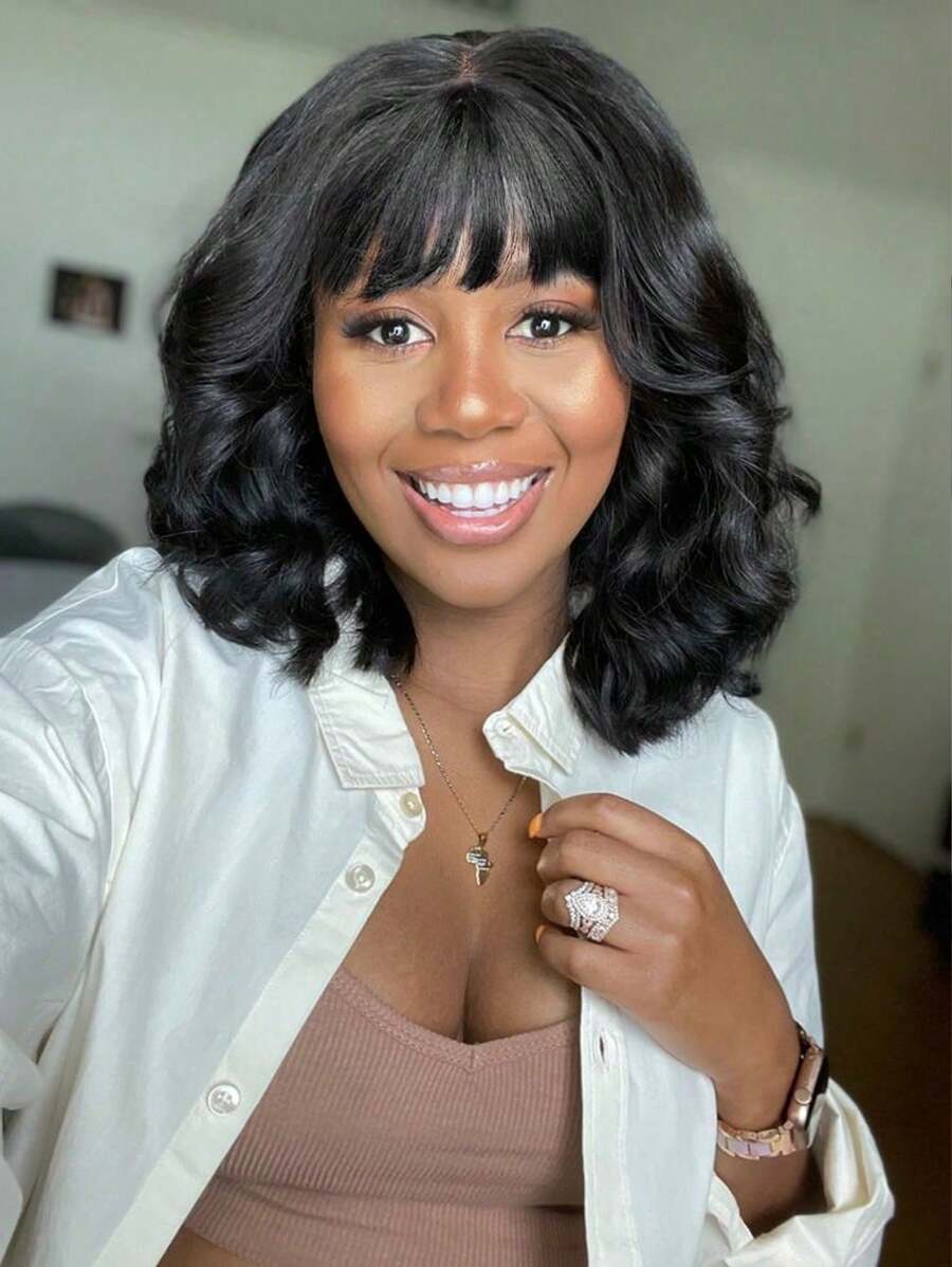 Krótki Bob Peruka Z Grzywką Włosy Ludzkie Bezklejowe 180% Gęstość Luźne Fale Ulepszone 2x3 Realistyczne Peruki Koronkowe Na Skórę Głowy Naturalna Czarna Peruka Bob Włosy Ludzkie Z Grzywką Dla Kobiet - Czarne - Zobacz 1