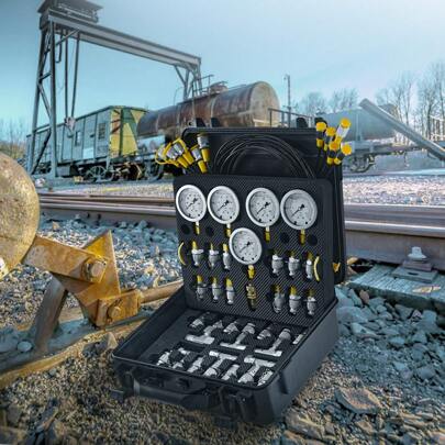 Hydraulic Pressure Test Kit 10/100/250/400/600bar 5 Gauges 13 Couplings 14 Tee Connectors 5 Test Hoses Excavator Hydraulic Test Gauge Set With Carrying Case For Excavator Tractors Machinery