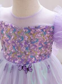 H HIBOBI Girl's Short Sleeve Bowknot Gradient Sequin Mesh Birthday Party Dress - Purple - View 4