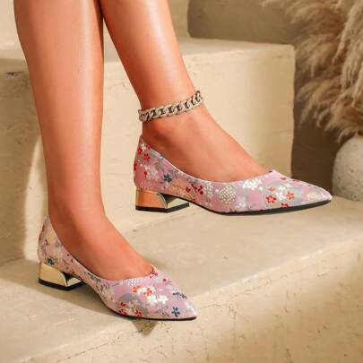 Women's Pointed Toe Floral Low Block Heel Dress Pumps, Comfortable Casual Formal Shoes, All-Season