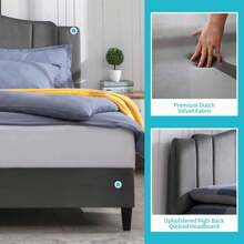 Modern Platform Bed Frame With Adjustable Upholstered Headboard Covered In Dutch Velvet, Wood Slat Supported, No Box Spring Needed