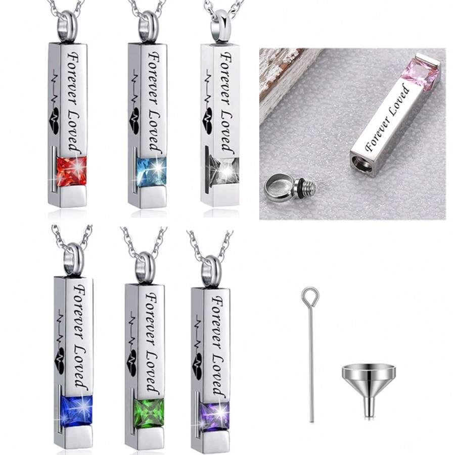 竖条锆石骨灰盒骨灰盒首饰男女士骨灰盒项链不锈钢纪念品防水骨灰纪念吊坠带填充套件 - 方柱 - 查看 1